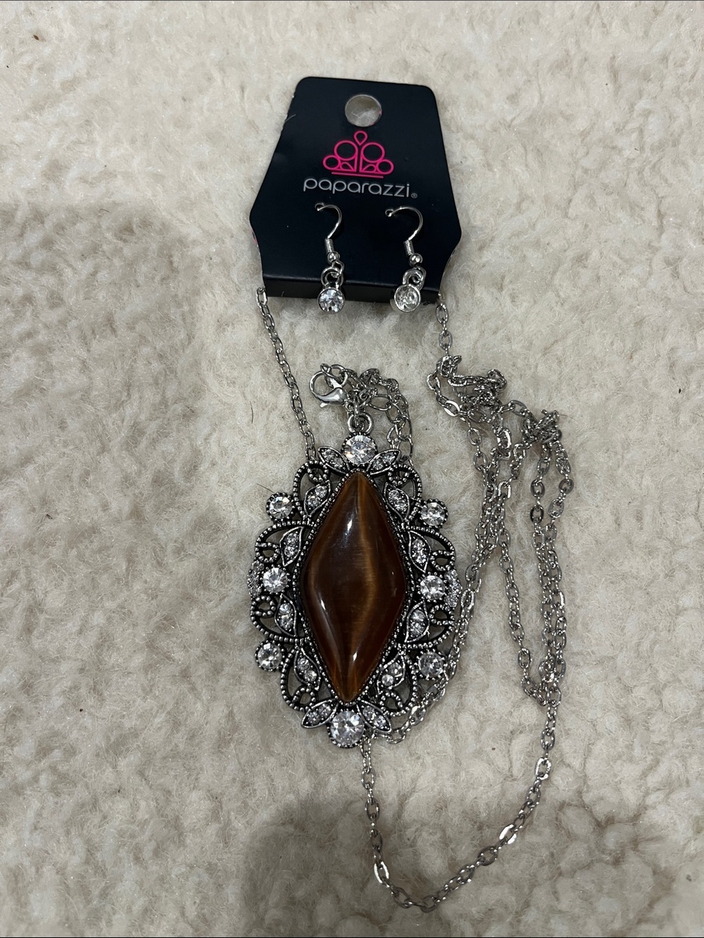 paparazzi Silver-Tone Brown Marquise Pendant Necklace with Clear Accents